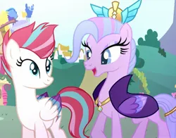 Size: 1705x1338 | Tagged: safe, artist:diniarvegafinahar, derpibooru import, queen haven, zipp storm, pegasus, pony, colored wings, crown, duo, eyeshadow, female, g5, image, jewelry, jpeg, looking at each other, looking at someone, makeup, mare, mother and child, mother and daughter, necklace, open mouth, regalia, two toned wings, wings