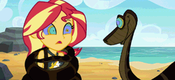 Size: 960x440 | Tagged: safe, artist:ocean lover, derpibooru import, sunset shimmer, python, snake, equestria girls, equestria girls series, forgotten friendship, animated, beach, bikini, bikini top, clothes, coiling, coils, disney, gif, hypno eyes, hypnosis, hypnotized, image, kaa, kaa eyes, ocean, open mouth, rock, sand, shell, spots, swimsuit, the jungle book, water, wrapping