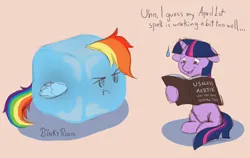 Size: 1000x633 | Tagged: safe, artist:binkyroom, derpibooru import, rainbow dash, twilight sparkle, twilight sparkle (alicorn), alicorn, pony, april fools, book, colored sketch, image, magic, png, silly, text