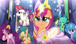 Size: 1108x637 | Tagged: safe, artist:diniarvegafinahar, derpibooru import, hitch trailblazer, izzy moonbow, pipp petals, sparky sparkeroni, sunny starscout, zipp storm, dragon, earth pony, pegasus, pony, unicorn, artificial horn, artificial wings, augmented, castle, clothes, crown, crying, cute, dress, eyes closed, female, flying, g5, glow, glowing horn, glowing wings, group, horn, horns, image, jewelry, jpeg, magic, magic horn, magic wings, male, mare, needs more jpeg, regalia, stallion, tears of joy, unshorn fetlocks, wings