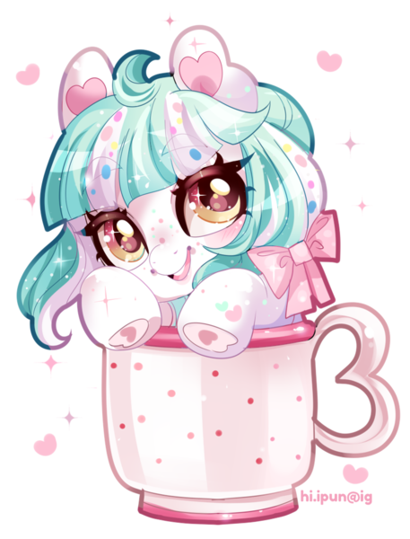 Size: 833x1093 | Tagged: safe, artist:ipun, derpibooru import, oc, oc:mallowcreme, unofficial characters only, pony, bow, chibi, cup, cup of pony, cute, derpibooru exclusive, female, freckles, hair bow, image, mare, micro, png, simple background, solo, teacup, transparent background, underhoof