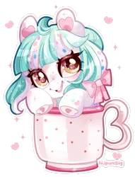 Size: 833x1093 | Tagged: safe, artist:ipun, derpibooru import, oc, oc:mallowcreme, unofficial characters only, pony, bow, chibi, cup, cup of pony, cute, derpibooru exclusive, female, freckles, hair bow, image, mare, micro, png, simple background, solo, teacup, transparent background, underhoof