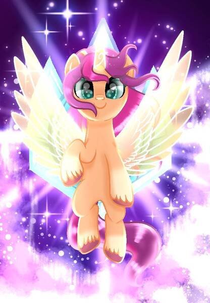 Size: 720x1039 | Tagged: safe, artist:diniarvegafinahar, derpibooru import, sunny starscout, earth pony, pony, artificial horn, artificial wings, augmented, female, g5, gem, glow, glowing horn, glowing wings, horn, image, jpeg, looking at you, magic, magic horn, magic wings, mare, solo, stars, unshorn fetlocks, wings