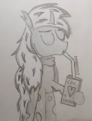 Size: 817x1080 | Tagged: safe, artist:dimdariusz, derpibooru import, oc, oc:winter storm, changeling, pony, changeling oc, clothes, cyrillic, drinking, drinking straw, eyebrows, eyes closed, grayscale, heart, image, jpeg, juice, juice box, male, monochrome, pencil drawing, photo, russian, scarf, signature, simple background, solo, species swap, stallion, traditional art