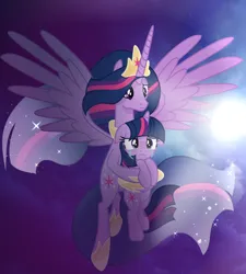 Size: 1736x1928 | Tagged: safe, artist:diniarvegafinahar, derpibooru import, twilight sparkle, twilight sparkle (alicorn), alicorn, pony, crown, crying, ethereal mane, floppy ears, flying, holding a pony, image, jewelry, jpeg, older, older twilight, regalia, sad, self paradox, self ponidox, stars, wings