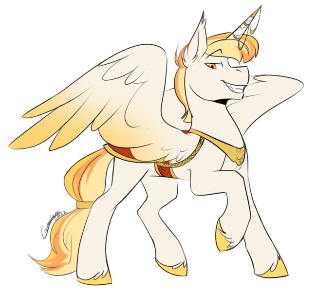 Size: 1666x1536 | Tagged: safe, artist:cosmalumi, derpibooru import, oc, oc:sunshine splendor, unofficial characters only, alicorn, alicorn oc, digital art, horn, horn jewelry, image, jewelry, png, simple background, smiling, smirk, solo, spread wings, transparent background, wings