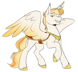 Size: 1666x1536 | Tagged: safe, artist:cosmalumi, derpibooru import, oc, oc:sunshine splendor, unofficial characters only, alicorn, alicorn oc, digital art, horn, horn jewelry, image, jewelry, png, simple background, smiling, smirk, solo, spread wings, transparent background, wings