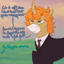 Size: 500x500 | Tagged: safe, artist:foxfaces-world, derpibooru import, oc, oc:foxface, unofficial characters only, pony, unicorn, clothes, curved horn, horn, image, male, necktie, offscreen character, png, solo, stallion, suit