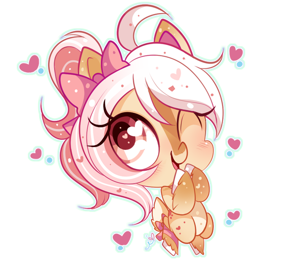 Size: 594x544 | Tagged: safe, artist:ipun, derpibooru import, oc, oc:cinnamon rose, unofficial characters only, deer, deer pony, original species, blushing, bow, chibi, cute, hair bow, heart, heart eyes, image, one eye closed, png, simple background, solo, transparent background, wingding eyes, wink