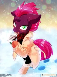 Size: 900x1200 | Tagged: safe, artist:phoenixperegrine, derpibooru import, tempest shadow, pony, semi-anthro, unicorn, blushing, broken horn, clothes, drink, female, hoofprints, horn, image, jpeg, looking at you, mare, scarf, snow, snowfall, solo, trenchcoat