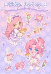 Size: 1299x1890 | Tagged: safe, artist:xieyanbbb, derpibooru import, fluttershy, pinkie pie, earth pony, pegasus, pony, semi-anthro, alternate hairstyle, apron, bow, bread, chibi, clothes, dessert, female, food, hair bow, image, jpeg, looking at you, mare, smiling, tea, waitress