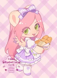 Size: 688x933 | Tagged: safe, artist:xieyanbbb, derpibooru import, fluttershy, pegasus, pony, semi-anthro, alternate hairstyle, apron, bow, bread, chibi, clothes, female, food, hair bow, image, jpeg, looking at you, mare, sandwich, smiling, solo, tea, waitress