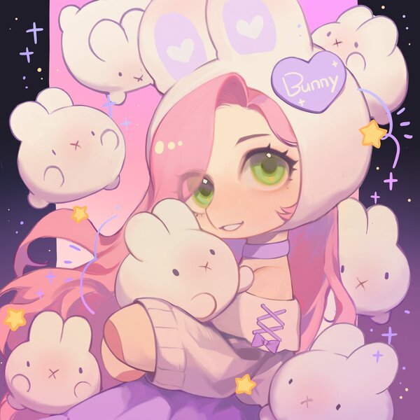 Size: 2048x2048 | Tagged: safe, artist:xieyanbbb, derpibooru import, fluttershy, pegasus, pony, rabbit, semi-anthro, animal, clothes, female, image, jpeg, looking at you, mare, outfit, smiling, solo