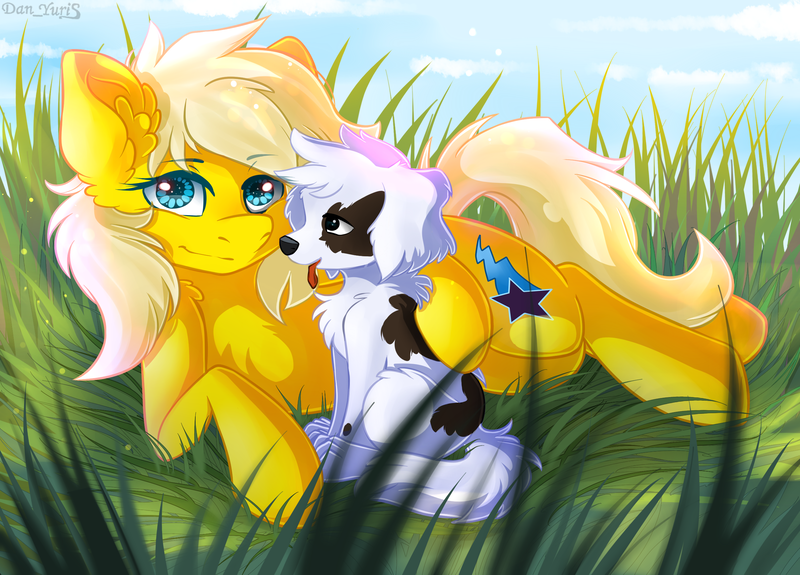 Size: 2560x1840 | Tagged: safe, artist:yuris, derpibooru import, oc, oc:lightning star, unofficial characters only, dog, earth pony, pony, animal, cloud, day, duo, ears up, field, grass, image, lies, png, puppy, sky, smiling, trade
