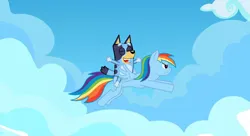 Size: 1980x1080 | Tagged: safe, artist:andrew_wolf, derpibooru import, rainbow dash, dog, pegasus, pony, bluey, bluey heeler, crossover, duo, flying, image, jpeg, riding, riding a pony