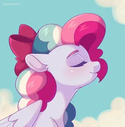 Size: 1648x1670 | Tagged: safe, artist:skysorbett, derpibooru import, oc, oc:sky sorbet, unofficial characters only, pegasus, pony, bow, bust, cloud, curly hair, curly mane, eyes closed, female, hair bow, image, mare, multicolored hair, pegasus oc, png, portrait, smiling, solo, solo female, wings