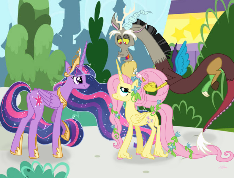 Size: 1680x1280 | Tagged: safe, artist:heebiejeebies, derpibooru import, discord, fluttershy, princess twilight 2.0, twilight sparkle, twilight sparkle (alicorn), alicorn, draconequus, pony, the last problem, alicornified, butt, canterlot, crown, discoshy, female, flower, flower in hair, flower in tail, fluttercorn, hoof shoes, image, jewelry, jpeg, male, older, older fluttershy, older twilight, plot, race swap, regalia, shipping, straight, tail, unshorn fetlocks