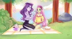 Size: 1216x657 | Tagged: safe, artist:blackcatnyaa, derpibooru import, fluttershy, rarity, equestria girls, cake, commission, date, duo, duo female, female, flarity, food, ice cream, image, kneeling, lesbian, picnic, picnic blanket, png, shipping