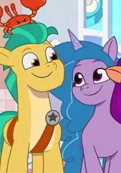 Size: 290x415 | Tagged: safe, derpibooru import, screencap, hitch trailblazer, izzy moonbow, sunny starscout, crab, earth pony, unicorn, my little pony: tell your tale, g5, image, jpeg, shipping fuel, smiling, spoiler alert