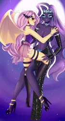 Size: 1080x2000 | Tagged: suggestive, artist:blackcatnyaa, derpibooru import, fluttershy, nightmare rarity, rarity, bat pony, human, undead, vampire, equestria girls, bat ponified, bat wings, big breasts, breasts, busty nightmare rarity, cleavage, clothes, commission, ear piercing, earring, female, flarity, flutterbat, full moon, high heels, image, imminent sex, jewelry, lesbian, moon, nightmare flarity, nudity, open mouth, panties, partial nudity, piercing, png, race swap, see-through, shipping, shoes, skirt, socks, stockings, thigh highs, thong, tongue out, underwear, wings