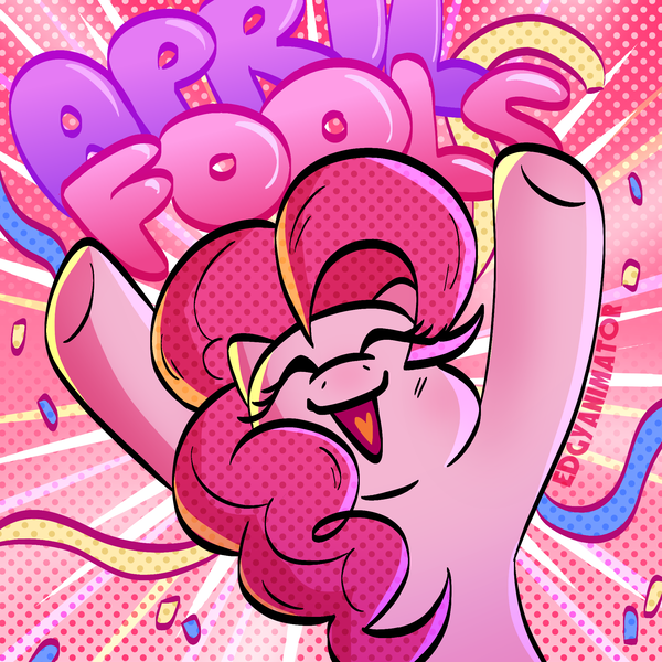 Size: 2000x2000 | Tagged: safe, artist:edgyanimator, derpibooru import, pinkie pie, earth pony, pony, april fools, big hair, big smile, confetti, cute, diapinkes, eye clipping through hair, eyelashes, eyes closed, happy, image, lineart, party, pink, pink coat, pink fur, pink hair, pink mane, png, raised hoof, raised hooves, simple shading, smiling, solo, tail