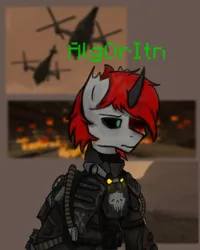 Size: 1800x2250 | Tagged: safe, artist:ashel_aras, derpibooru import, oc, unofficial characters only, pony, unicorn, armor, armored pony, blood, fallout, image, pictures, png, simple background, solo, stalcraft