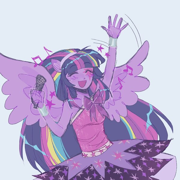Size: 1800x1800 | Tagged: safe, artist:dulcesilly, derpibooru import, equestria girls, rainbow rocks, eyes closed, happy, image, jpeg, microphone, music notes, open mouth, open smile, smiling, solo, waving
