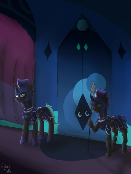 Size: 3375x4500 | Tagged: safe, artist:ashel_aras, derpibooru import, oc, unofficial characters only, bat pony, changeling, pony, changeling oc, duo, guard, guards, image, moonlight, night, png, spear, weapon