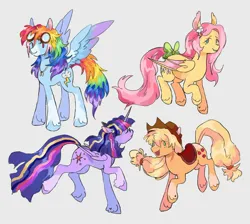 Size: 2048x1839 | Tagged: safe, artist:mapleeheart, derpibooru import, applejack, fluttershy, rainbow dash, twilight sparkle, twilight sparkle (alicorn), alicorn, earth pony, pegasus, accessories, cloud coat pattern, cutie mark, goggles, gray background, group, image, jpeg, open mouth, simple background
