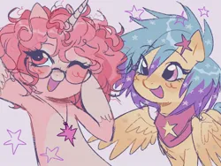Size: 1024x768 | Tagged: safe, artist:dulcesilly, derpibooru import, oc, unofficial characters only, pegasus, pony, unicorn, blushing, glasses, happy, image, jewelry, jpeg, neckerchief, necklace, open mouth, open smile, pendant, smiling, spread wings, wings