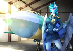 Size: 3324x2317 | Tagged: safe, artist:taiga-blackfield, derpibooru import, oc, oc:blue bolt, unofficial characters only, anthro, pegasus, :3, awesome, badass, clothes, hand on hip, image, jet, jet fighter, jpeg, medal, medals, necktie, smiling, solo, spread wings, sunglasses, uniform, wings, wonderbolts dress uniform