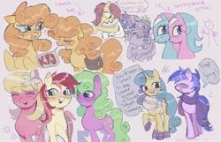 Size: 2800x1800 | Tagged: safe, artist:dulcesilly, derpibooru import, aloe, carrot top, daisy, flower wishes, golden harvest, lemon hearts, lily, lily valley, lotus blossom, roseluck, sea swirl, seafoam, spike, twilight sparkle, dragon, earth pony, unicorn, bouquet, clothes, dialogue, eyes closed, flower, flower in hair, flower trio, image, jpeg, scarf, smiling, spa twins