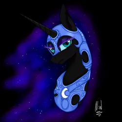 Size: 1024x1024 | Tagged: safe, artist:nightingalewolfie, derpibooru import, nightmare moon, alicorn, pony, black background, blue eyes, blue mane, bust, colored pupils, ethereal mane, eyelashes, eyeshadow, female, flowing mane, frown, helmet, horn, image, jpeg, lidded eyes, looking at you, makeup, mare, peytral, portrait, signature, simple background, solo, starry mane, stars