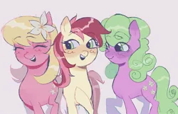 Size: 1608x1034 | Tagged: safe, artist:dulcesilly, derpibooru import, daisy, flower wishes, lily, lily valley, roseluck, earth pony, pony, eyes closed, flower, flower in hair, flower trio, happy, image, jpeg, open mouth, open smile, smiling