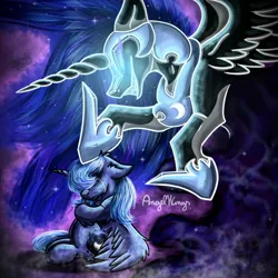 Size: 1280x1280 | Tagged: safe, artist:angelwingsmlpfim, derpibooru import, nightmare moon, princess luna, alicorn, pony, abstract background, blank eyes, blue mane, colored pupils, crying, digital art, ethereal mane, evil grin, eyelashes, eyes closed, fangs, feather, female, flowing mane, folded wings, glow, grin, helmet, hoof shoes, horn, image, jpeg, mare, night, nightmare, open mouth, peytral, sad, signature, sitting, smiling, solo, sparkles, spread wings, starry mane, stars, teeth, wings