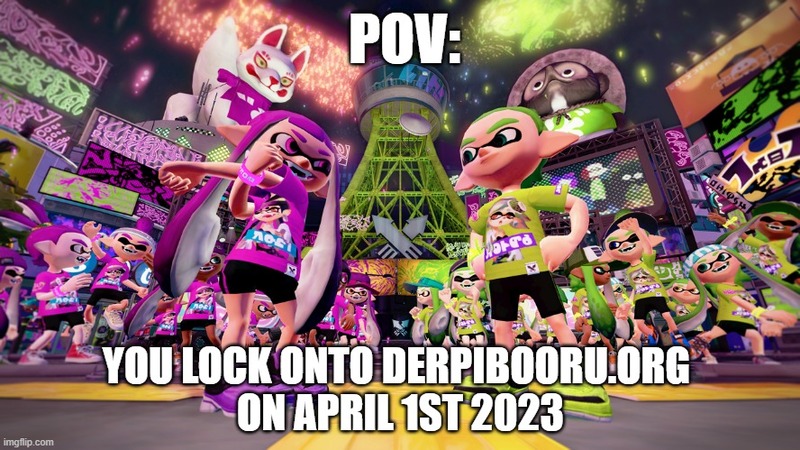 Size: 888x499 | Tagged: safe, derpibooru import, inkling, derpibooru, april fools 2023, image, inkling boy, inkling girl, jpeg, meta, no pony, offscreen character, pov, splatfest, splatoon