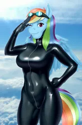 Size: 1795x2734 | Tagged: suggestive, alternate version, artist:buffbumblebee, derpibooru import, rainbow dash, anthro, pegasus, black latex, bodysuit, breasts, busty rainbow dash, clothes, cloud, commission, female, form fitting, goggles, goggles on head, hand on hip, high res, image, jpeg, latex, latex suit, looking at you, one eye closed, real life background, salute, shiny, skintight clothes, smiling, smiling at you, solo, uniform, wink, winking at you, zipper