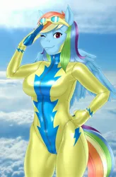 Size: 1795x2734 | Tagged: suggestive, alternate version, artist:buffbumblebee, derpibooru import, rainbow dash, anthro, pegasus, bodysuit, breasts, busty rainbow dash, clothes, cloud, commission, female, form fitting, goggles, goggles on head, hand on hip, high res, image, inverted colors, jpeg, latex, latex suit, looking at you, one eye closed, real life background, salute, shiny, skintight clothes, smiling, smiling at you, solo, uniform, wink, winking at you, wonderbolts uniform, zipper