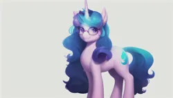 Size: 960x544 | Tagged: safe, derpibooru import, machine learning assisted, machine learning generated, izzy moonbow, pony, unicorn, g5, my little pony: a new generation, female, glasses, image, looking at you, mare, png, simple background, smiling, solo, white background, wrong cutie mark