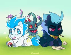 Size: 1403x1080 | Tagged: safe, artist:anoraknr, derpibooru import, oc, oc:dark skroll, oc:storm chaser, image, jpeg, poké ball, pokémon, simple background, trio