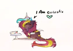 Size: 1533x1076 | Tagged: safe, artist:krissstudios, derpibooru import, princess celestia, oc, oc:joshua, unofficial characters only, kirin, blushing, c:, cake, cheek fluff, chest fluff, chibi, clothes, cosplay, costume, cup, cute, dialogue, ear fluff, eyes closed, fake wings, fluffy, food, heart, image, leonine tail, male, neck fluff, ocbetes, png, raised hoof, simple background, smiling, smol, solo, table, tail, teacup, teapot, white background, wig