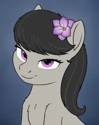 Size: 912x1150 | Tagged: safe, artist:zippysqrl, derpibooru import, octavia melody, earth pony, pony, aggie.io, bust, chest fluff, female, flower, flower in hair, gradient background, image, looking at you, png, smiling, solo