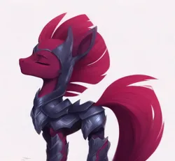 Size: 832x768 | Tagged: safe, derpibooru import, machine learning generated, tempest shadow, pony, unicorn, armor, concave belly, eyes closed, female, image, mare, png, simple background, solo, white background