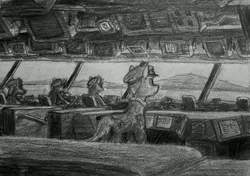 Size: 3666x2583 | Tagged: safe, artist:eggmusubi, derpibooru import, earth pony, pony, chair, clothes, derpibooru exclusive, grayscale, hat, image, jpeg, monitor, monochrome, ocean, pencil drawing, traditional art, uniform, water, window