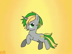 Size: 2048x1536 | Tagged: safe, artist:polak23, derpibooru import, oc, oc:emerald star, unofficial characters only, pony, unicorn, art trade, cute, gradient background, image, jpeg, jumping, simple background, solo, yellow background