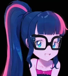 Size: 512x576 | Tagged: safe, artist:luckreza8, derpibooru import, machine learning generated, sci-twi, twilight sparkle, human, equestria girls, :d, anime, black background, female, image, open mouth, open smile, pinegraph, png, simple background, smiling, solo