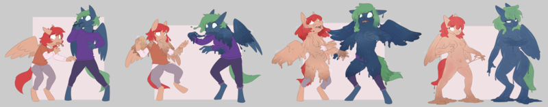 Size: 8828x1735 | Tagged: suggestive, artist:fauvfox, derpibooru import, oc, oc:emerald, oc:firefly, unofficial characters only, anthro, goo, goo pony, monster girl, original species, pegasus, slime girl, unguligrade anthro, barbie doll anatomy, breasts, clothes, commission, dripping, duo, eye clipping through hair, eyebrows, eyebrows visible through hair, featureless breasts, featureless crotch, goo ponified, gray background, image, looking back, looking down, male to female, open mouth, pants, pinpoint eyes, png, pulling, rule 63, shirt, simple background, slime, species swap, transformation, transformation sequence, transgender transformation, vomit, vomiting