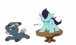 Size: 1652x978 | Tagged: safe, artist:jewellier, derpibooru import, part of a set, oc, oc:clover patch, oc:mist dribble, unofficial characters only, earth pony, pony, unicorn, dice, hat, image, jpeg, lying, male, oda 997, simple background, stallion, table