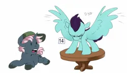 Size: 1652x978 | Tagged: safe, artist:jewellier, derpibooru import, part of a set, oc, oc:clover patch, oc:mist dribble, unofficial characters only, pegasus, pony, unicorn, dice, hat, image, jpeg, lying, male, oda 997, simple background, stallion, table