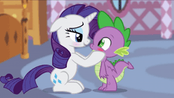 Size: 600x338 | Tagged: safe, artist:georgegarza01, derpibooru import, screencap, rarity, spike, dragon, unicorn, animated, blushing, cute, eye shimmer, female, floppy ears, gif, giggling, heart, hooves on cheeks, image, kissing, male, no excuse for the heart, nose kiss, raribetes, shipping, show accurate, sitting, smiling, sparity, spikabetes, straight, winged spike, wings
